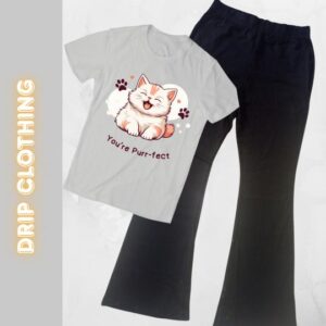 Drip Clothing – “You’re Purr-fect” Tee & Black Flared Trousers Set